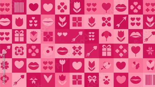 A playful pink mosaic pattern featuring hearts, flowers, lips, and gift boxes, perfect for Valentine's Day or romantic themes