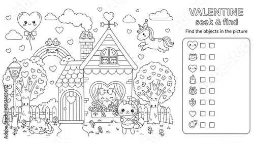 Charming Valentine's Day Seek and Find Activity Page with Adorable Cartoon Characters and a Whimsical Heart-Filled Scene, Perfect for Kids' Coloring Fun