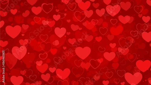 A vibrant red background with a scattered pattern of varying sizes and opacities of hearts, perfect for romantic or celebratory themes