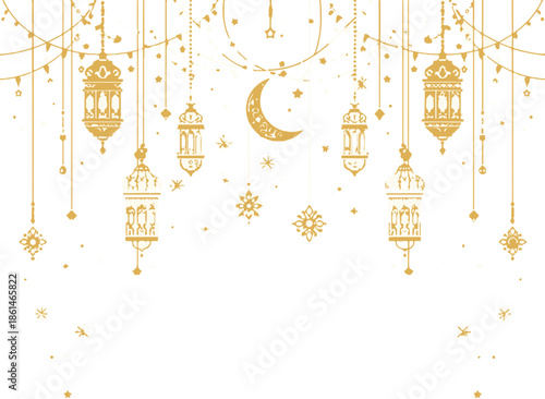ramadan kareem lanterns and crescent moon hanging on strings with stars
