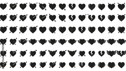 A versatile collection of black silhouette heart icons depicting love, romance, heartbreak, and various emotional states. Vector symbols of whole, broken, and pierced hearts