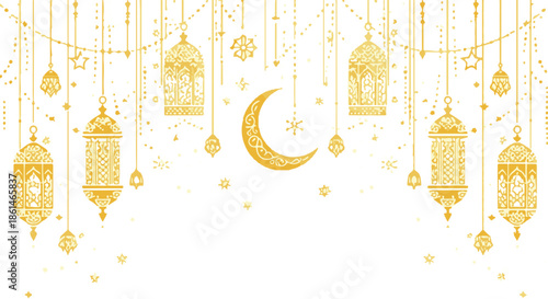 ramadan hanging lantern crescent moon islamic line icon set .