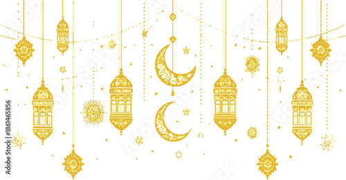 Set of elegant golden lanterns with burning candles, featuring diverse designs and decorative elements for festive occasions and cultural celebrations
