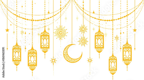 Golden Islamic lanterns, crescent moon, and stars. Ornate hanging lamps in warm golden tones, set against a white background, featuring a crescent moon, and shining
