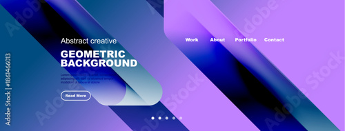 Abstract geometric background design. Website header with navigation elements, text, button. Blue, purple color scheme dominates image.