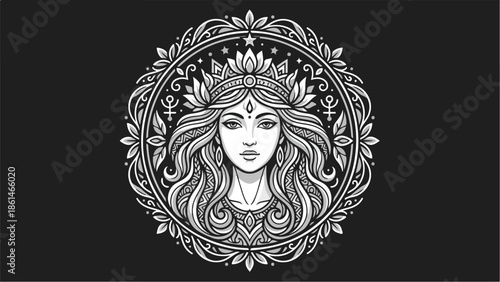 Elegant goddess portrait with floral frame in monochrome style.