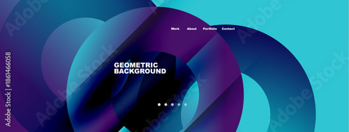 Abstract geometric shapes dominate design. Blue, purple hues blend. Minimalist text displays website navigation options. Modern aesthetic.