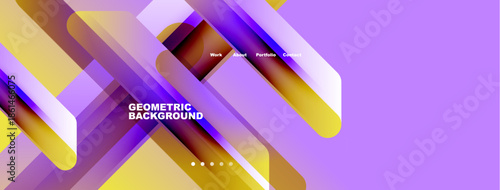 Abstract geometric design. Purple, orange hues blend. Navigation menu present. Modern aesthetic, clean lines, vibrant colors.