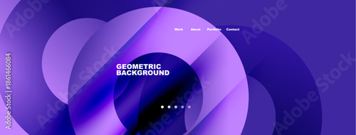 Abstract purple design features layered circles, text elements, navigation menu. Modern, vibrant aesthetic suitable for website header.