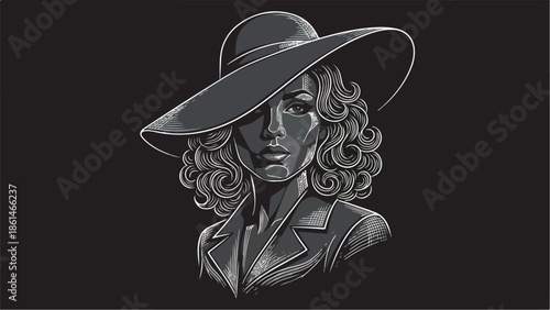 Elegant Woman in Hat Black and White Illustration.
