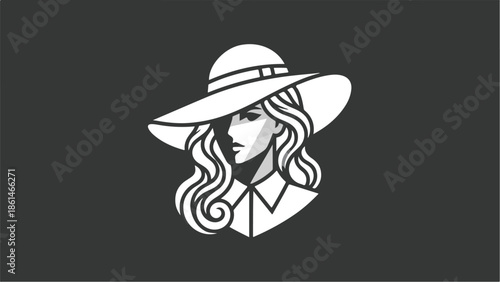 Elegant woman in a widebrimmed hat black and white illustration.