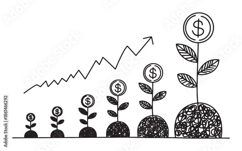 Black and White Doodle Vector Illustration of Money Plants Growing in Pots, Financial Investment and Savings Growth Concept