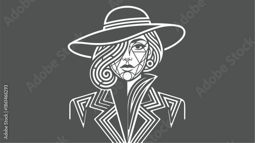 Elegant Woman in Hat Geometric Line Art Illustration.