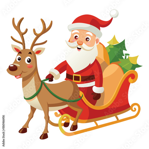 Cute cartoon of Santa Claus with his reindeer in a snowy Christmas winter scene