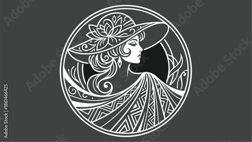 Elegant Woman in Hat with Floral Design in Circular Frame.
