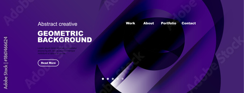 Purple website header design. Geometric shapes, text elements, navigation menu present. Modern, abstract style. Minimalist aesthetic.