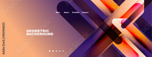 Abstract geometric design. Purple, orange hues dominate. Navigation menu present. Minimalist style, modern aesthetic. Dots indicate sections.