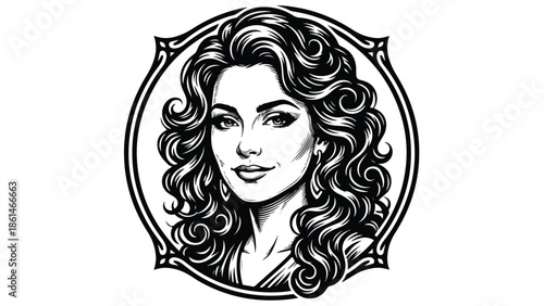 Elegant Woman Portrait with Curly Hair in Ornate Frame.