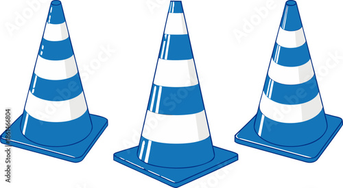 Vector illustration of 3 blue and white traffic cones, isolated on transparent background, ideal for roadwork and safety designs.
