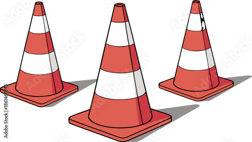 Vector illustration of 3 red and white traffic cones, isolated on transparent background, ideal for roadwork and safety designs.