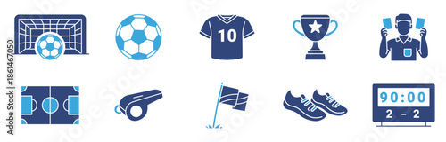 Football Soccer Icons Set, Stadium Goal and Championship Trophy Symbols, Sports Game Concept, Vector Illustration