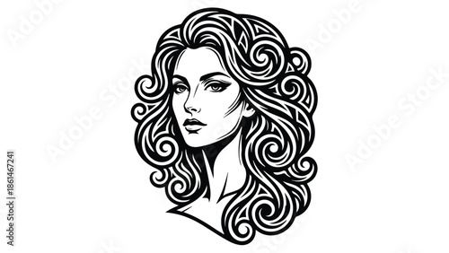 Elegant Woman with Flowing Curly Hair Black and White Illustration.