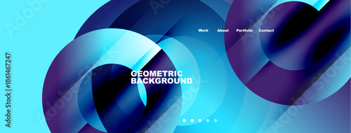 Abstract fluid shapes, blue tones dominate. Modern design with text elements, navigation visible. Minimalist aesthetic, dynamic composition.