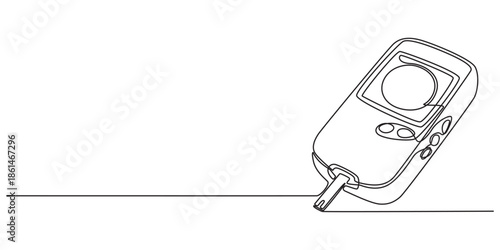 One continuous line drawing of Blood glucose meter test illustration. glucometer pharmacy equipment outline, Continuous single line drawing of a glucometer for monitoring blood sugar. Minimal editable