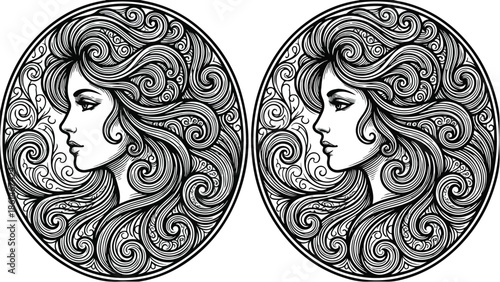 Elegant Woman with Flowing Hair in Circular Design.