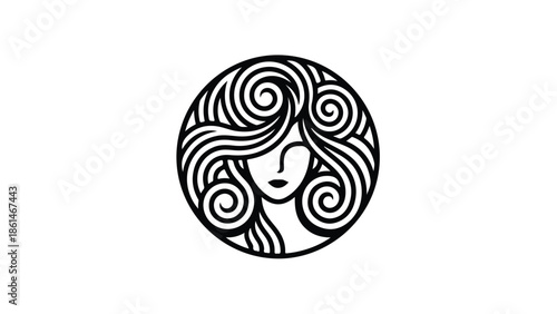 Elegant Woman with Flowing Hair in Circular Design 1.