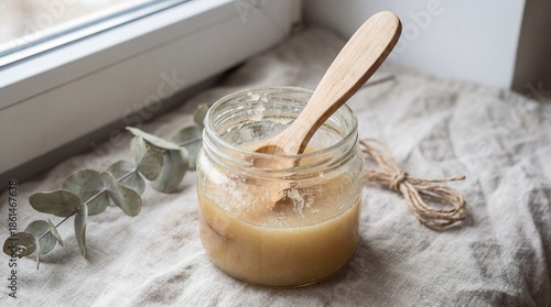 Glass jar of honey with wooden spoon and eucalyptus on linen cloth  