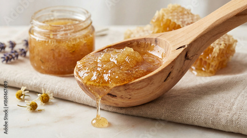 Honey dripping from wooden spoon beside jar and honeycomb pieces  