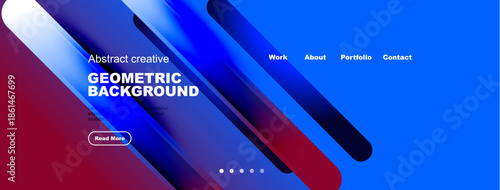Abstract geometric background design. Blue, red gradients create modern visual appeal. Navigation links present work, about, portfolio, contact options.