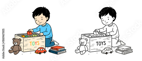 The boy is tidying up his toys