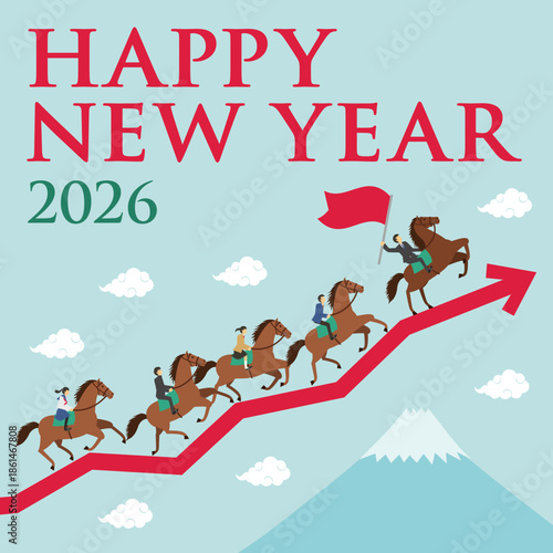 午年をイメージした矢印の上を走る先生と学生が乗った馬のイラストの正方形の年賀状_男性教師_happy new year
