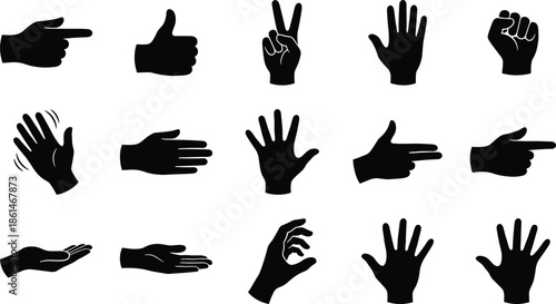 A collection of hand gestures in silhouette, including thumbs up, pointing, waving, fist, open hand, and other common expressions in vector style.