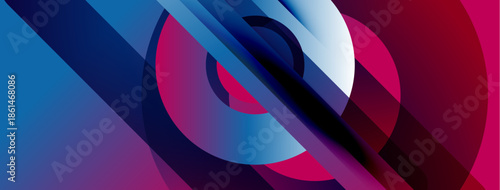 Abstract composition featuring overlapping circles, lines. Vibrant blues, purples, pinks create dynamic visual effect. Modern design.