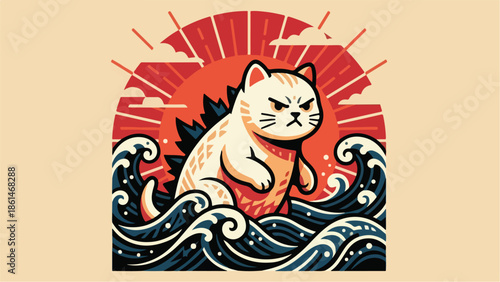 Giant Catzilla emerges from ocean waves with an angry expression.
