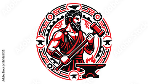 Hephaestus Greek god of blacksmiths craftsmen artisans sculptors metals metallurgy fire and volcanoes holding a hammer standing next to an anvil in a circular frame vector illustration.