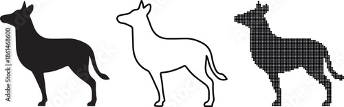 Three stylized dog silhouettes in different graphic styles