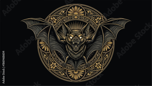 Intricate Bat Design with Ornate Circular Frame on Black Background.