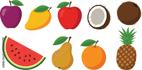 Colorful Fruit Illustration Set with Apple Mango Coconut Watermelon Pear Orange and Pineapple for Healthy Food Concepts, Nutrition Designs, Grocery Packaging, and Recipe Graphics