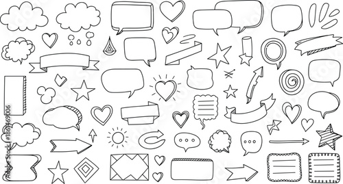 Hand Drawn Doodle Elements Speech Bubbles Hearts Stars Ribbons and Frames vector illustration