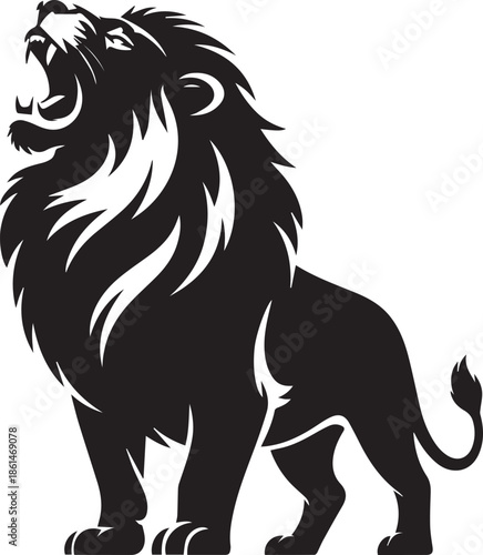 Black and white silhouette of a roaring lion with a prominent mane