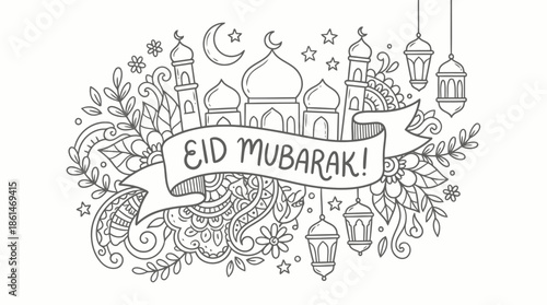 Eid Mubarak Doodle Vector Set – Islamic Holiday Hand Drawn Line Icons Collection