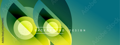 Abstract geometric shapes blend vibrant greens, yellows, blues. Modern design creates dynamic visual experience. Smooth gradients offer depth.