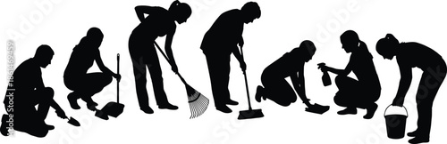 A series of silhouettes of people cleaning, including sweeping, mopping, and other household chores, in various postures and actions in vector style.
