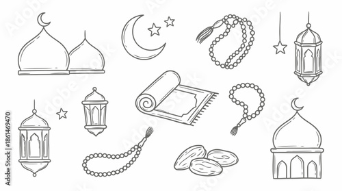 Eid Mubarak Doodle Vector Set – Islamic Holiday Hand Drawn Line Icons Collection