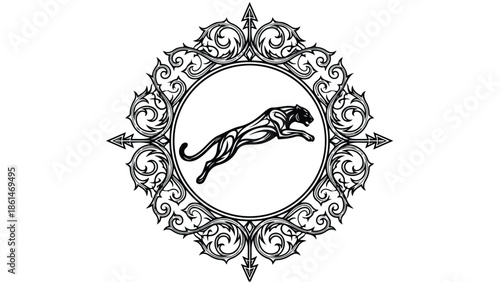 Leaping Panther in Ornate Circular Frame Black and White Illustration.
