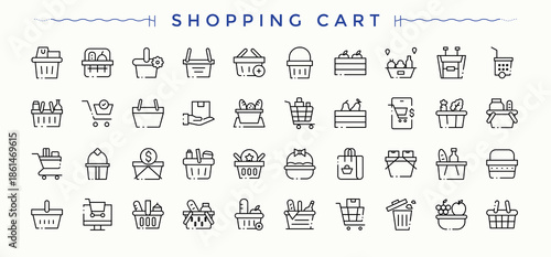 Shopping Cart linear icon collection. Vector outline icons collection. Pack of supermarket, buy, sale, shopping, shopping cart. Editable vector art. Bag icon set.
